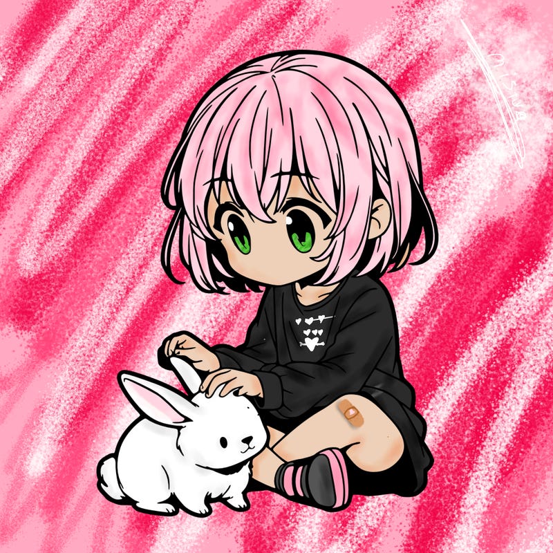 a lil anime girl sitting down criss cross apple sauce petting a bunny