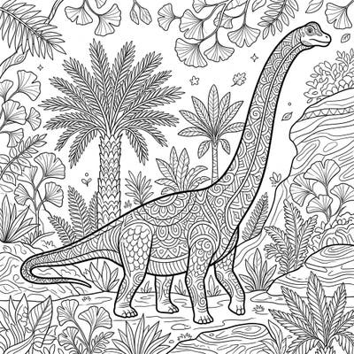 Embark on a prehistoric journey with this stunning Mamenchisaurus coloring page, designed specifically for adults seeking intricate details and a relaxing escape. Its elaborate patterns and lush jungle setting promise hours of mindful creativity.