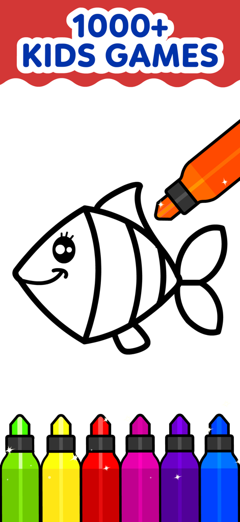 Toddler coloring game interface showing a fish line drawing being colored with an orange marker and several colorful markers below