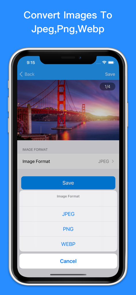 Photo Compress - Resize Image - Interface do aplicativo móvel mostrando opções para converter imagens para os formatos JPEG, PNG e WEBP