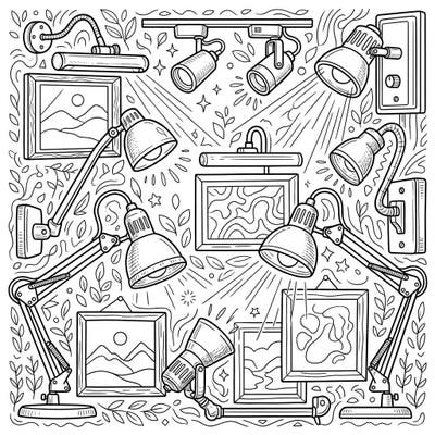 Dive into a world of light and art with this engaging coloring page featuring various picture lights and lamps. Perfect for young artists, this design offers balanced lines and fun details to spark creativity.