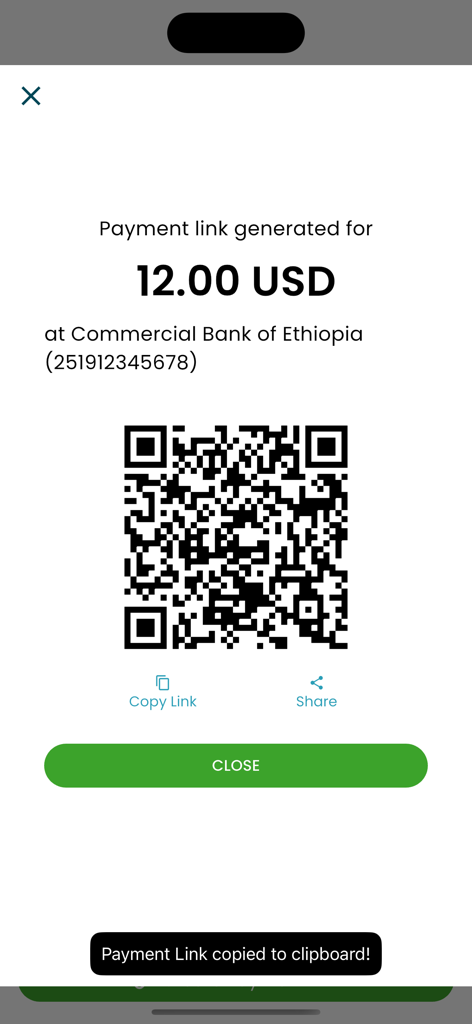 Arif Remit - Arif Remit mobile app interface showing a generated payment link for a twelve dollar transfer to the Commercial Bank of Ethiopia with a QR code
