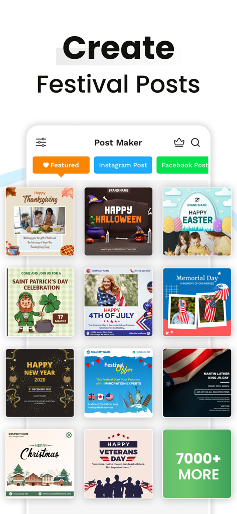 Social Media Post Maker - Interface of Postwizz app displaying various holiday and festival post templates for Instagram and Facebook.