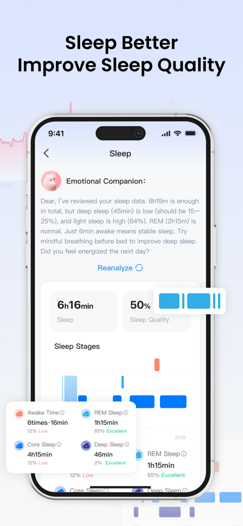 PulseBuddy AI: Stress Monitor - PulseBuddy AI sleep quality and stages analysis screen