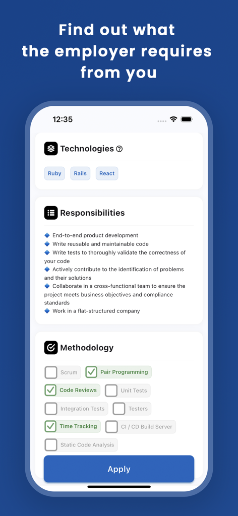 DevJob.ro - Screenshot of DevJob.ro mobile app showing detailed job requirements including technologies like Ruby and React responsibilities and project methodologies