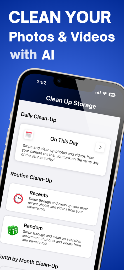 VidRecover app screen showing storage cleanup options for photos and videos