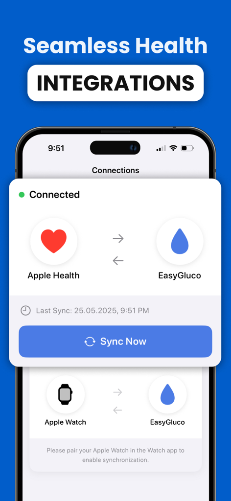 Interfaz de la aplicación EasyGluco que muestra la integración perfecta de datos con Apple Health y Apple Watch