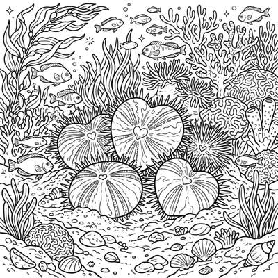 Embark on a captivating underwater journey with this exquisite full-scene coloring page featuring charming heart urchins. Discover a vibrant marine ecosystem teeming with life, ready for your creative touch.
