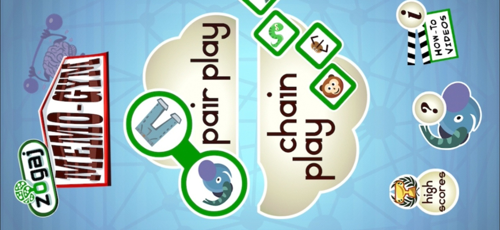 Zogaj Memo Gym - Main menu of the Zogaj Memo Gym app showing game options like pair play and chain play