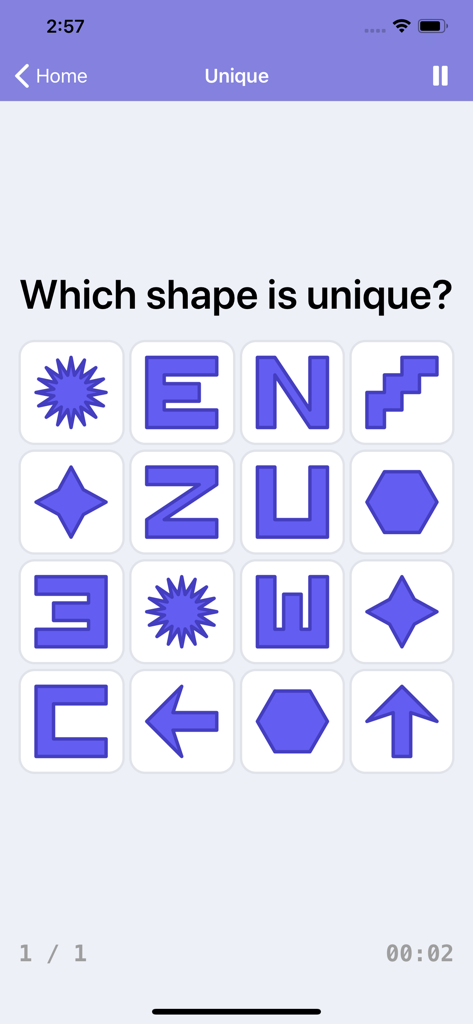 A brain training game screen from Brainilis asking the user to identify the unique shape among a grid of blue icons.