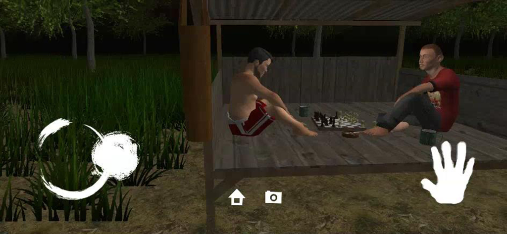 The Mystery of Meraung Village - Personajes jugando al ajedrez en un refugio de madera por la noche en El Misterio de la Aldea Meraung.