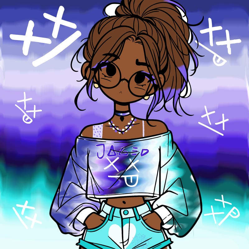 girl with a messy ponytail glasses a baggy crop top and jean shorts