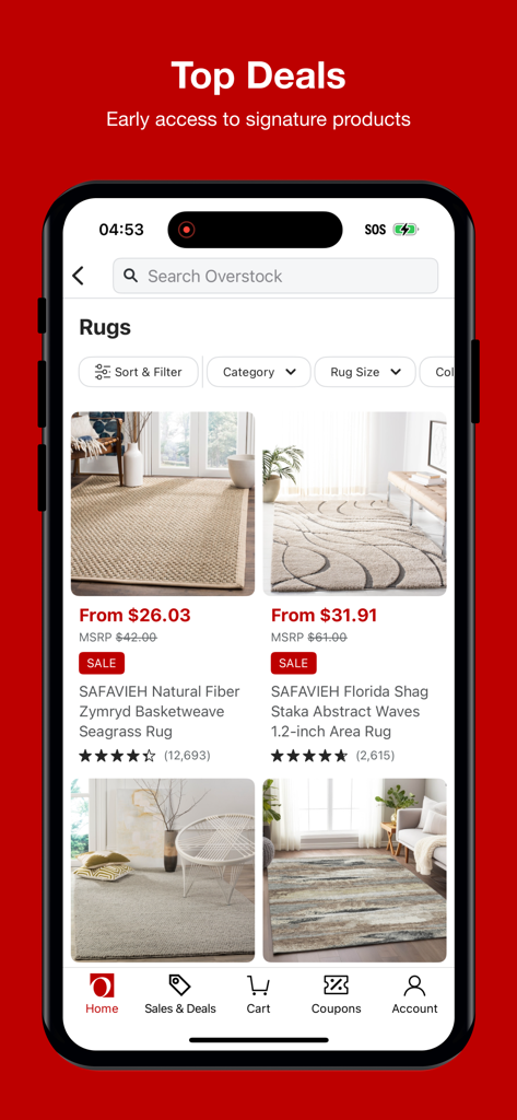 Overstock - Overstock mobile app screen showing discounted rugs under Top Deals section