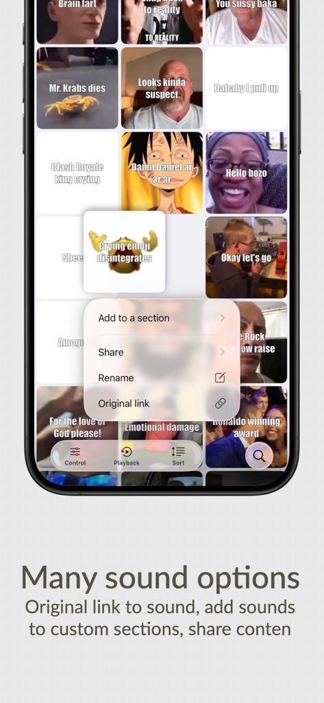 Interfaz de la aplicación Meme Soundboard mostrando una cuadrícula de memes virales y un menú con opciones para compartir, renombrar y ver enlaces originales.