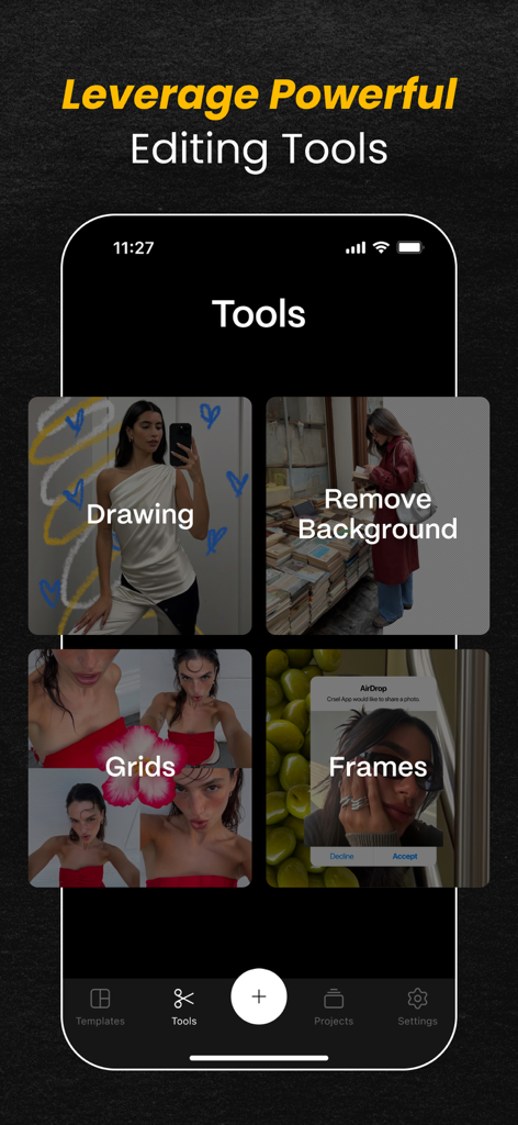 Interface de l'application Crsel montrant des outils d'édition puissants tels que le dessin, la suppression d'arrière-plan, les grilles de photos et les cadres personnalisés pour le contenu des réseaux sociaux.