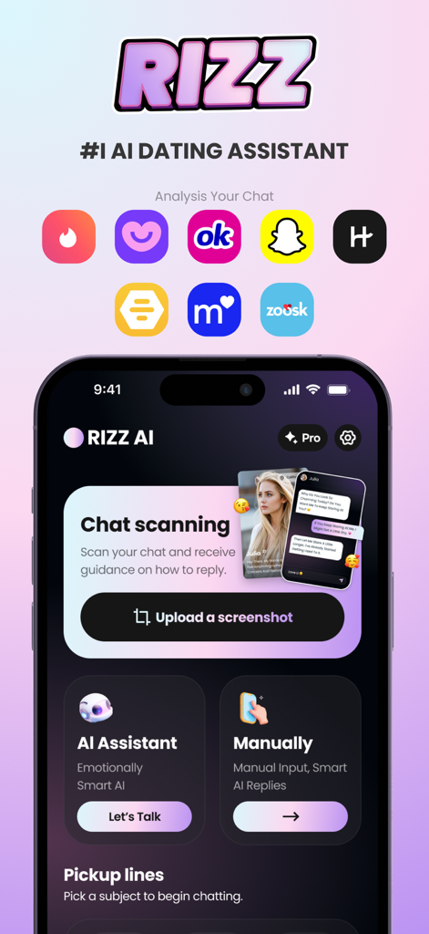 Rizzai - Dating Assistant App - Interfaz de la aplicación Rizzai que muestra el escaneo de chat y la asistencia de citas por IA para varias plataformas sociales.