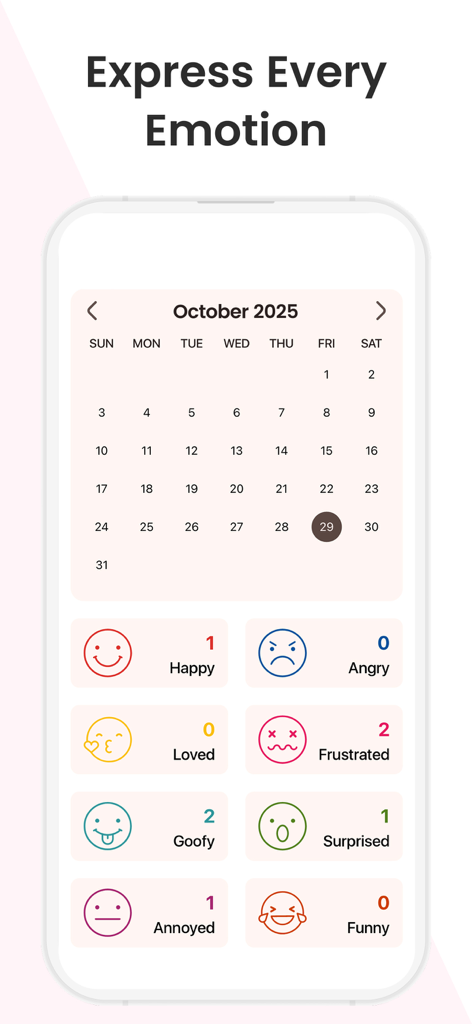 Uma interface de calendário mensal no aplicativo Mood Tracker exibindo vários ícones de emoção como feliz amado e frustrado para logs diários.