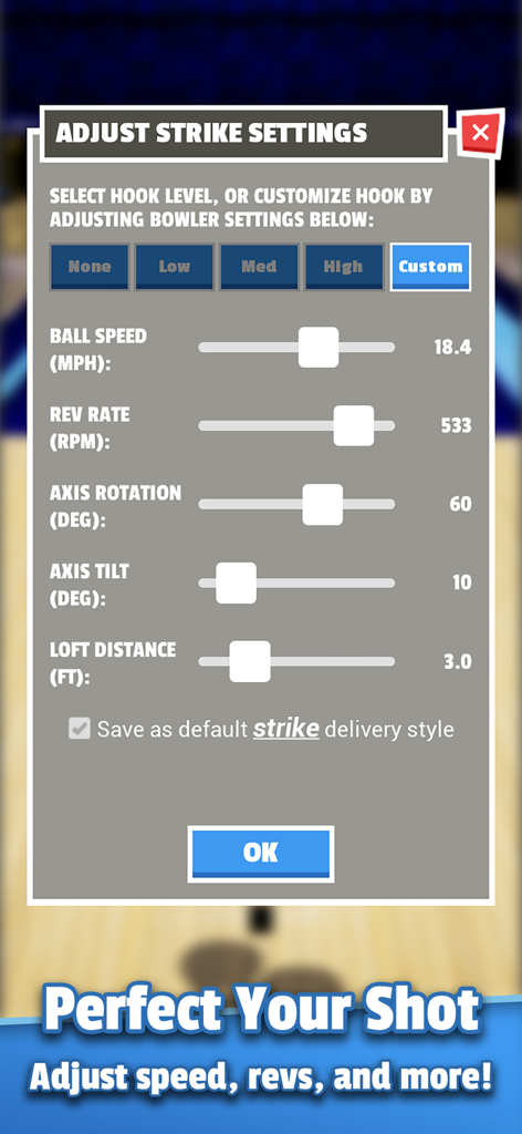 Bowling Unleashed gameplay menu for adjusting strike settings including ball speed rev rate and axis rotation