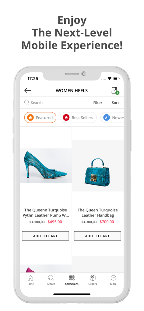 Vinci Leather - Vinci Leather mobile shopping app showing turquoise python leather pumps and a matching handbag.