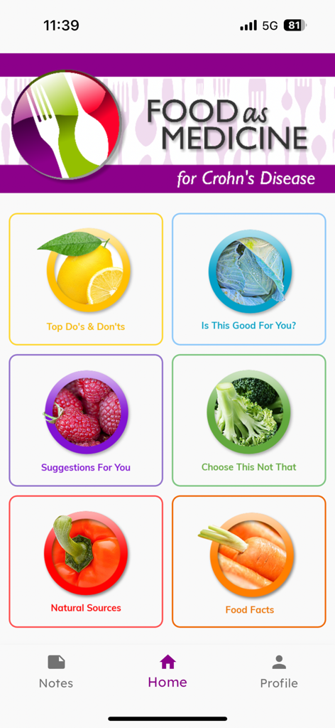 Menú principal de la aplicación Crohns Disease Plus que muestra categorías de asesoramiento dietético como Datos de Alimentos y Fuentes Naturales