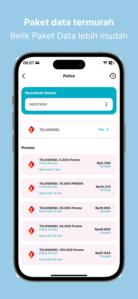 Bisatopup | Agen PPOB Termurah - Bisatopup app interface showing discounted Telkomsel phone credit and data package options