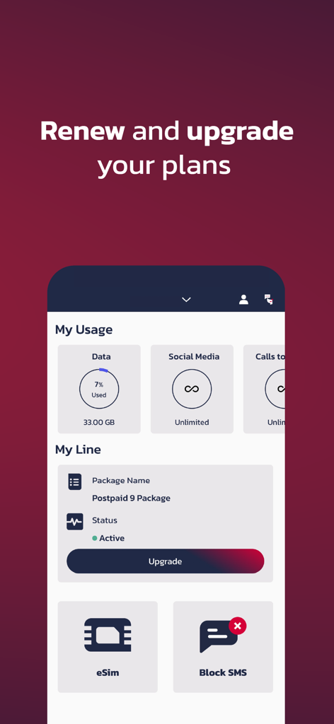 Batelco - Batelcoモバイルアプリのダッシュボードで、データ使用量とポストペイドプランのアップグレードオプションを表示