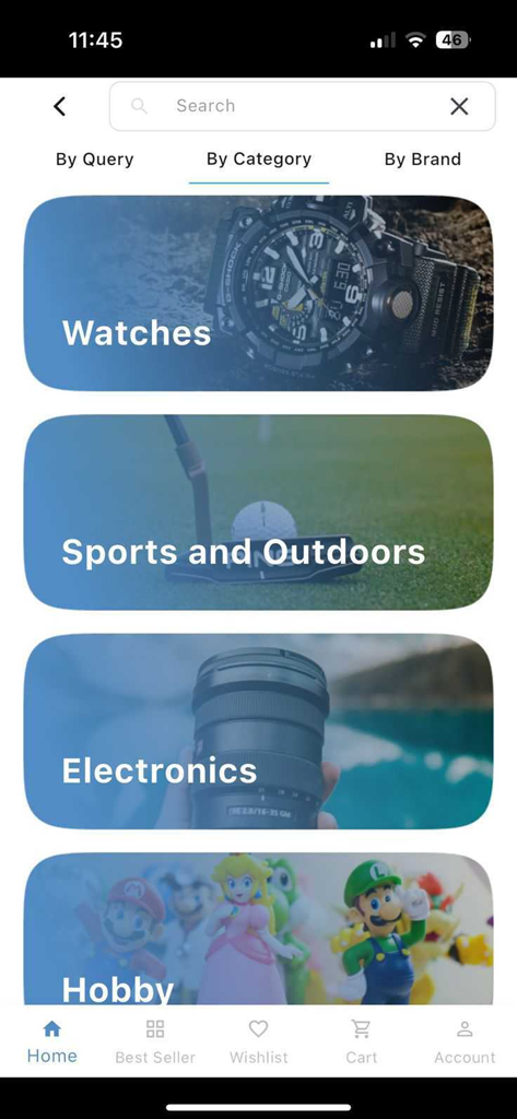 Discovery Japan Mall - Discovery Japan Mall app interface displaying shopping categories for watches sports electronics and hobby items