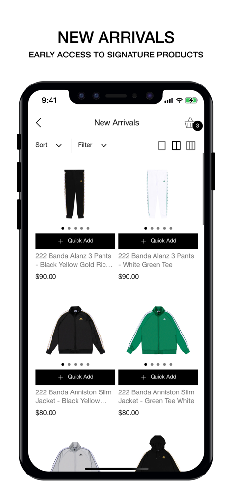 Kappa USA mobile app New Arrivals screen featuring signature Banda tracksuits and jackets with a quick add shopping feature.