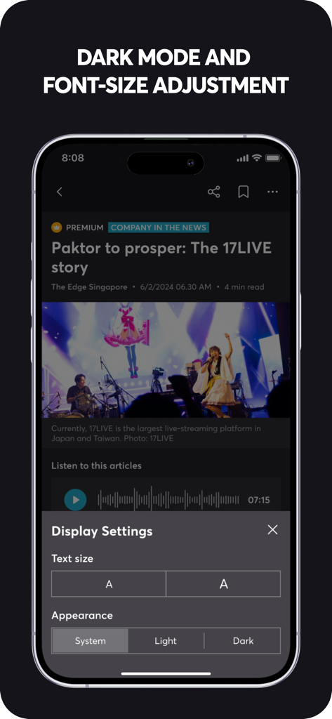 The Edge Singapore app showing dark mode and font size adjustment options for financial news articles