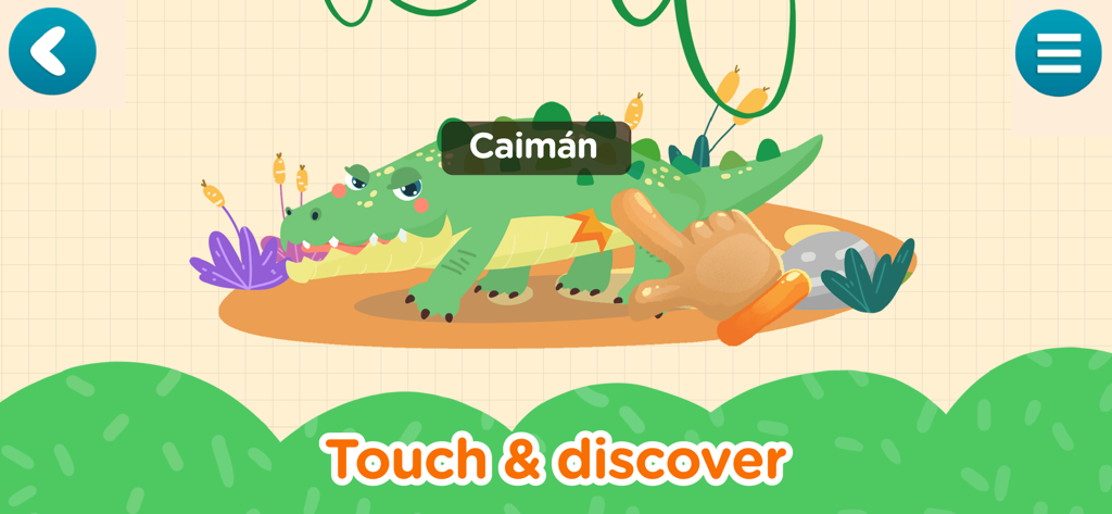 Spanish & English for Kids - An interactive bilingual vocabulary game showing a cartoon caiman with touch and discover instructions