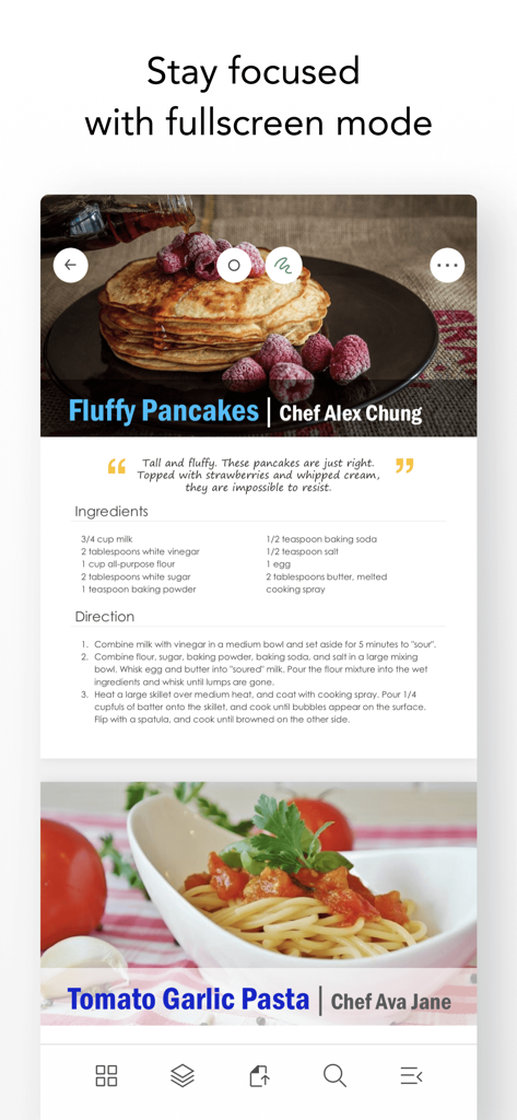 Flexcil for Education app interface displaying digital recipe documents in fullscreen mode for focused study.
