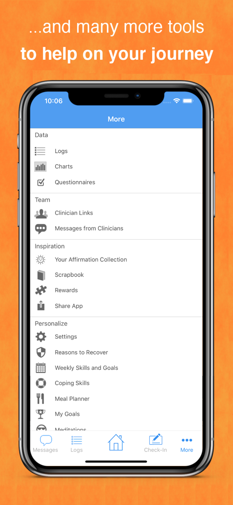 Screenshot of the More menu in the Recovery Record app showing tools for logs clinician links and recovery goals