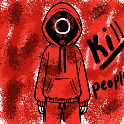 faceless girl in a tracksuit with a hood on and no hair