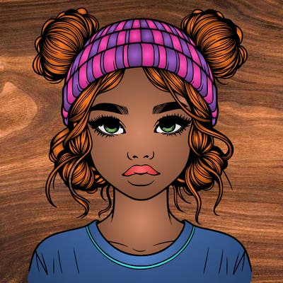 realistic girl with buns in her hair with a beanie on