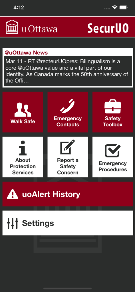 SecurUO - Pantalla de inicio de la aplicación de seguridad SecurUO que muestra contactos de emergencia y herramientas de seguridad del campus