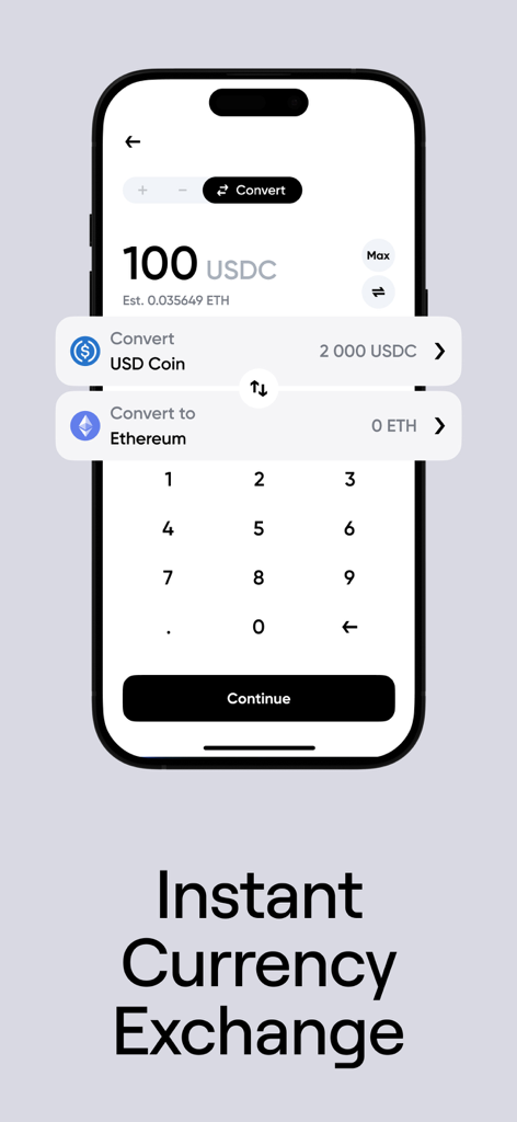 Simple: Wallet to Buy Crypto - Smartphone screen showing the Simple crypto wallet app interface for instant currency exchange between USD Coin and Ethereum