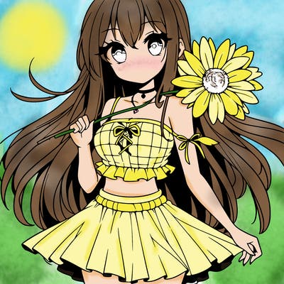 anime girl holding a flower wearing a skirt and crop top