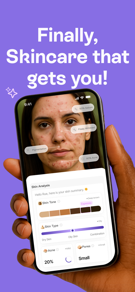 Oyster Skincare - A smartphone displaying the Oyster Skincare app's AI skin analysis and personalized skin health report.