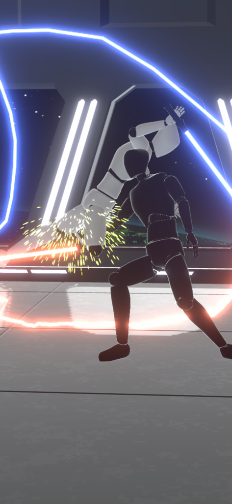 Draw Saber - A mannequin character uses a glowing blue saber to fight based on a drawn trajectory in a futuristic arena