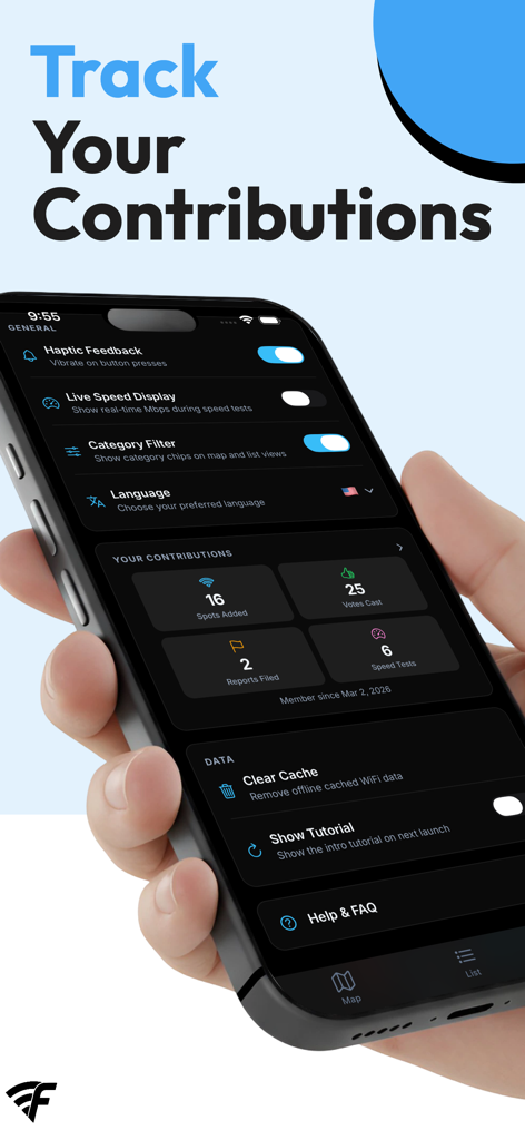 A mobile screen showing user contribution statistics and general app settings for WiFi Finder
