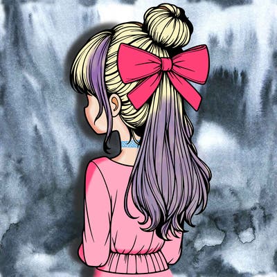 realistic girl  with hip length hair a bun and a big bow on the back of head