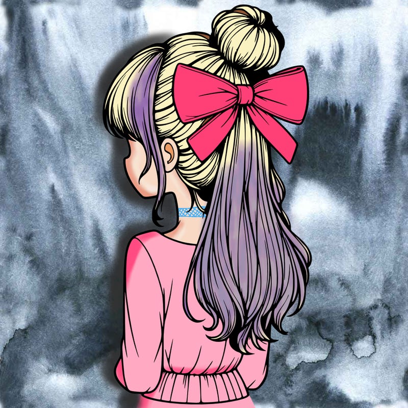 realistic girl  with hip length hair a bun and a big bow on the back of head