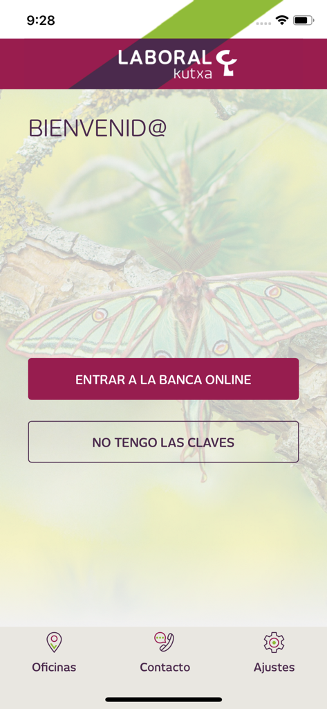 Pantalla de bienvenida e inicio de sesión de la banca móvil de Laboral Kutxa.