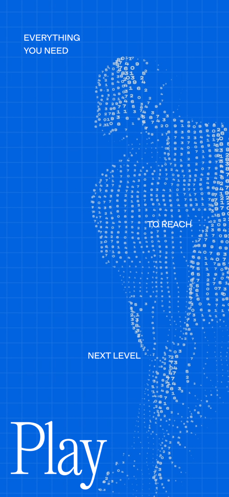Golfmetrics - Golfmetrics app intro screen featuring a golfer silhouette composed of data points on a blue grid background