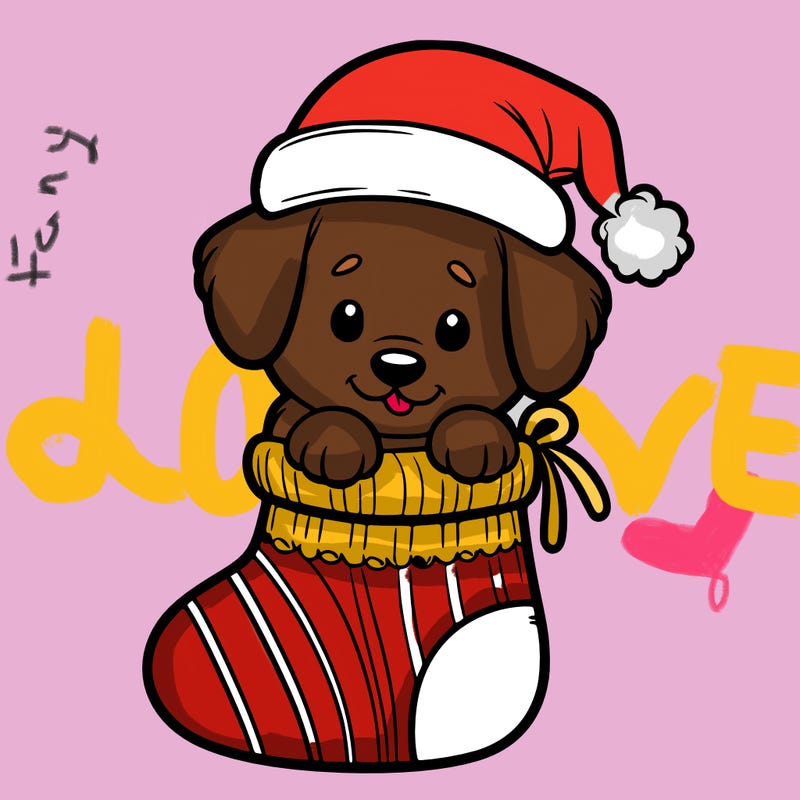 cute puppy wearing santa hat in socking