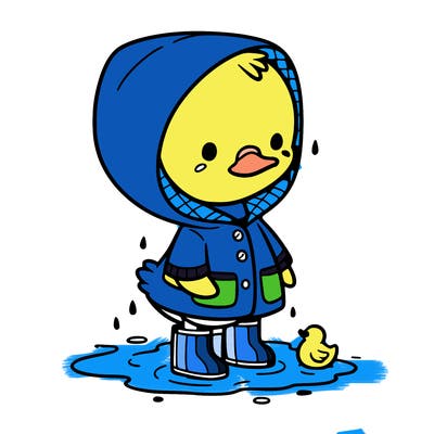 baby duck in a rain coat and boots, in a puddle while it’s raining