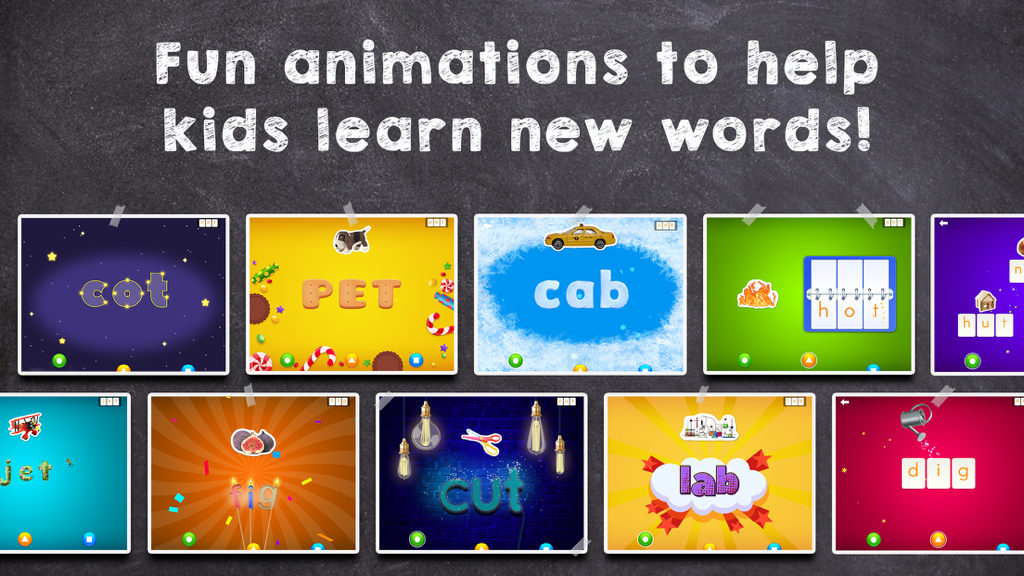 LetterSchool - Teach Spelling - Un collage de pantallas de aplicaciones educativas de LetterSchool que muestran actividades de ortografía para niños con palabras CVC y animaciones divertidas