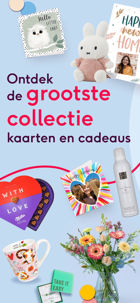 Une grande variété de cartes de vœux personnalisées, chocolats, fleurs et cadeaux de l'application Greetz.