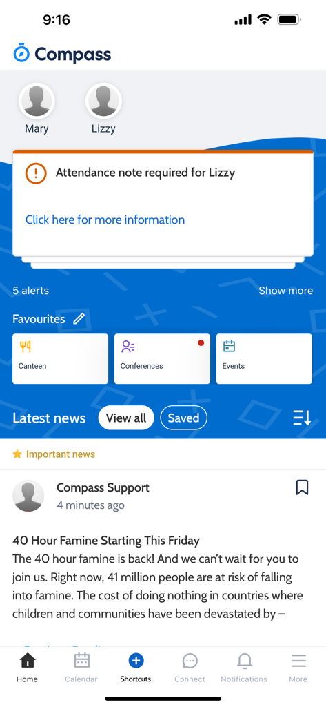 Compass School Manager app home screen with attendance alerts and school news updates