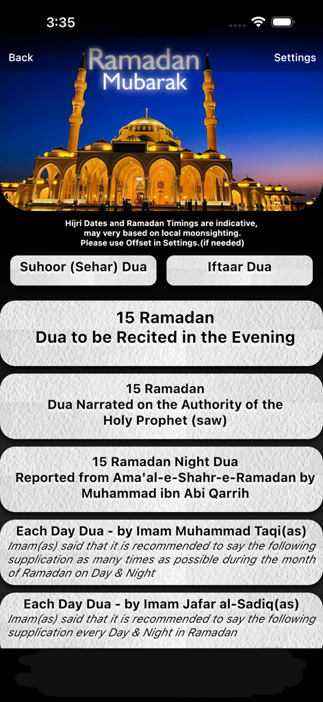 Ascension (Islamic App) - Shia - Ramadan Mubarak screen with Suhoor and Iftaar duas in the Ascension app